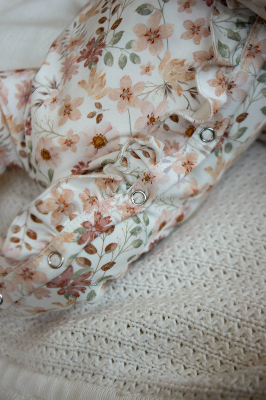 Ruffle peach flowers romper