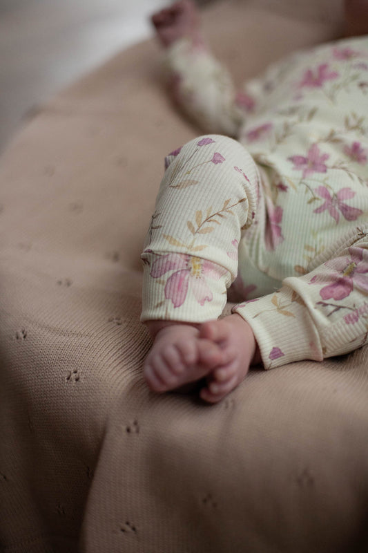 Baby romper rib pastel yellow with purple flowers