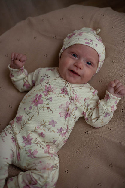 Baby romper rib pastel yellow with purple flowers